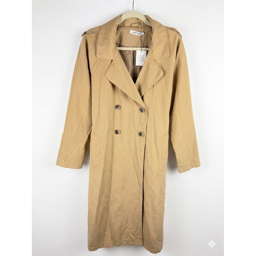 JustFab Trench Coat S Camel Tan Long Double Breasted‎ Classic Chic Lightweight
